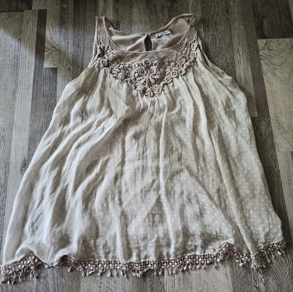 Elena Baldi Silk Camisole Polka Dot Crochet Lace Trim Made in Italy Large 18" PT